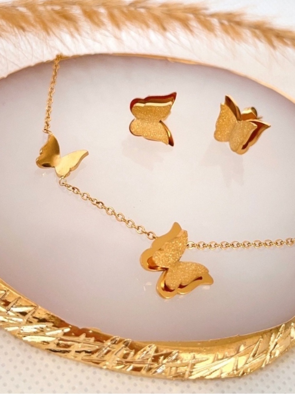 Gold Butterfly Necklace and Stud Earrings Set
